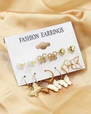 6 Pairs Fashion Retro Pearl Butterfly Earring Set 